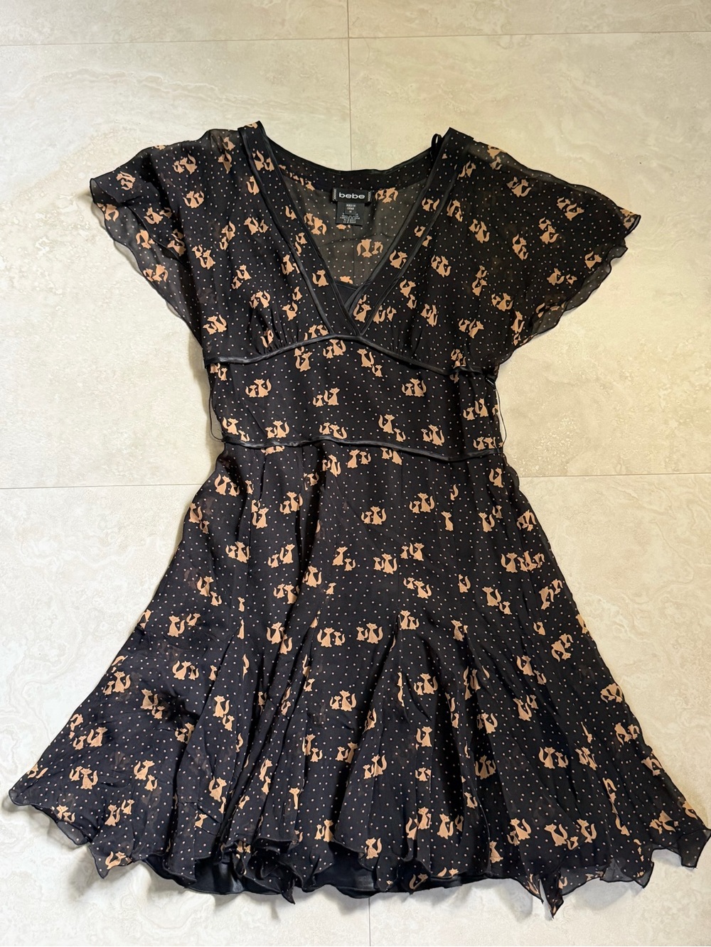 Vintage Y2K bebe Black & Tan Cat Print Polka Dot Flutter Sleeve Dress